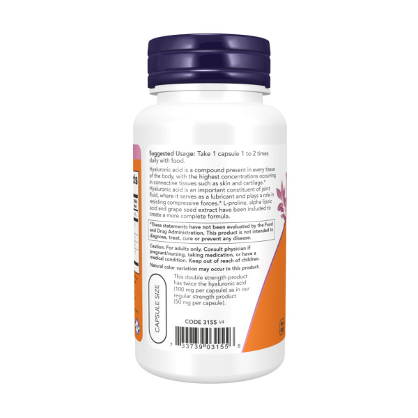 Гіалуронова кислота подвійної дії 100 мг - 120 капсул                                                                           Hyaluronic Acid Double Strength 100 mg - 120 vcaps