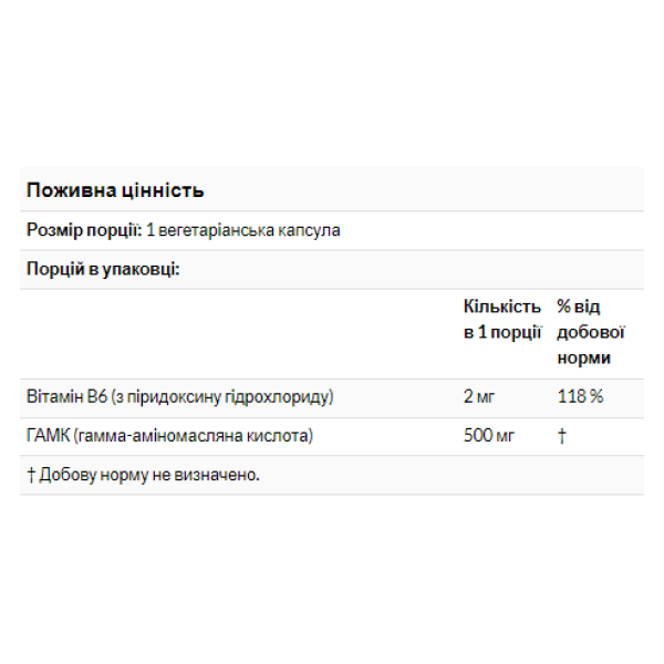 Гамма-аміномасляна кислота   500 мг - 200 рослинних капсул                    GABA 500mg - 200 veg caps