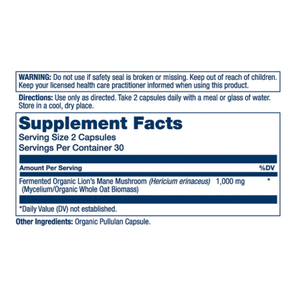 Organic Lion's Mane Fermented 1000mg - 60 caps  Organic Lion's Mane Fermented 1000mg - 60 caps