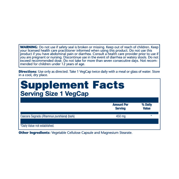 Cascara Sagrada Bark 450mg - 100 vcaps  Cascara Sagrada Bark 450mg - 100 vcaps