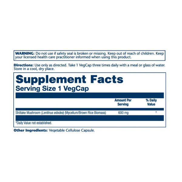 Shiitake Mushroom 600mg - 100 vcaps  Shiitake Mushroom 600mg - 100 vcaps