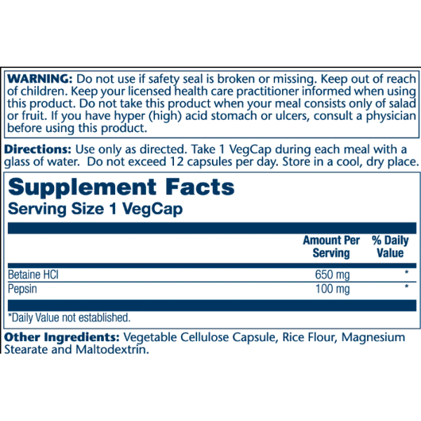 High Potency Betain HCl with Pepsin 650mg - 100 vcaps  High Potency Betain HCl with Pepsin 650mg - 100 vcaps