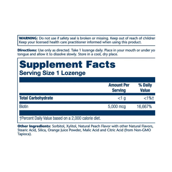 Biotin 5000mcg - 60 Lozenges Natural Peach, Strawberry, Banana  Biotin 5000mcg - 60 Lozenges Natural Peach, Strawberry, Banana