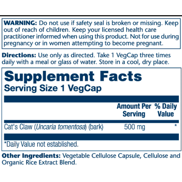 Cat's Claw 500mg - 100 vcaps  Cat's Claw 500mg - 100 vcaps