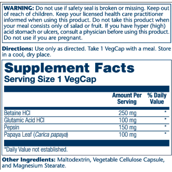 Betaine HCl 250mg - 180 vcaps  Betaine HCl 250mg - 180 vcaps