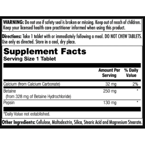 Бетаїн HCl Плюс 250 мг - 100 таблеток Betaine HCl Plus 250mg - 100 tabs