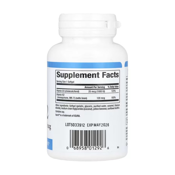   Вітамін D3 і K2 25 мкг (1000 МО) і 120 мкг - 60 м'яких капсул    Vitamin D3 & K2 25 mcg (1000 IU) & 120 mcg - 60 softgels